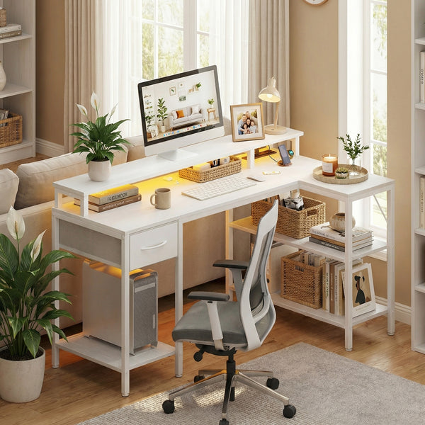 CONCETTA 47 inch L-Shaped Gaming Desk - Reversible with LED Lighting, Power Outlets & Double-Tier Storage, for Home Office