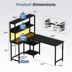 CONCETTA L Shaped Gaming Desk, Reversible Computer Desk with Power Outlets & LED Lignts, Gaming Table with Storage Shelves and Hooks for Bedroom Home Office