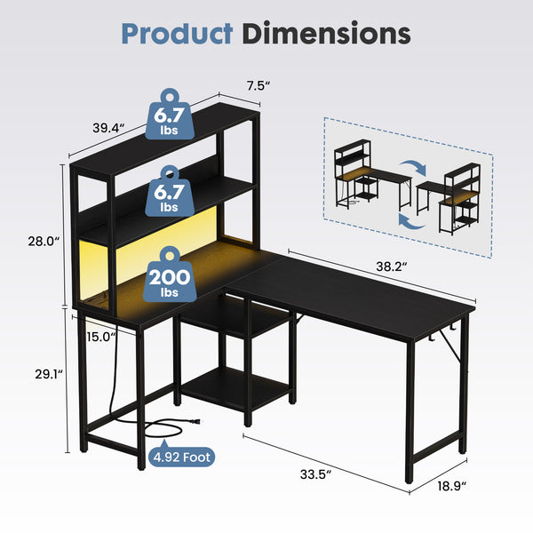 CONCETTA L Shaped Gaming Desk, Reversible Computer Desk with Power Outlets & LED Lignts, Gaming Table with Storage Shelves and Hooks for Bedroom Home Office