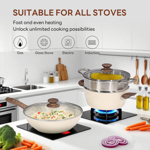 CONCETTA 17-piece non-stick cookware set,non-toxic kitchen cooking set,with heat-resistant handles,off white,black