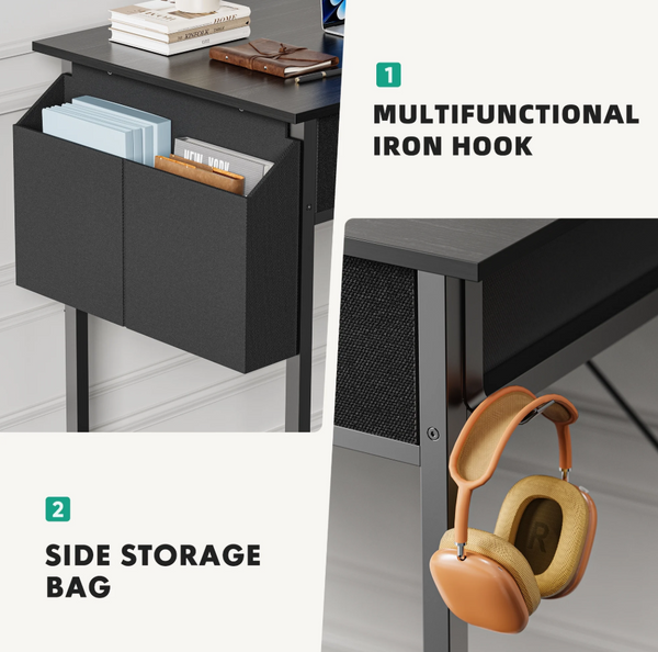 Small Desk with Fabric Drawers and Storage Shelves, 32 inch for Adult, Black