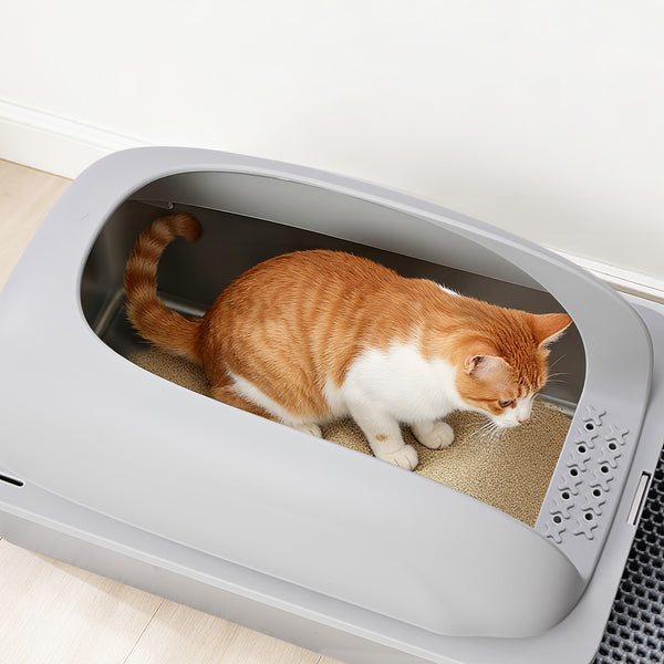 24in Stainless Steel Cat Litter Box with Lid, Large Cat Litter Box for Cats, High Wall Sides, Anti-Urine Leakage, Easy Cleaning, Scoop and Mat Included