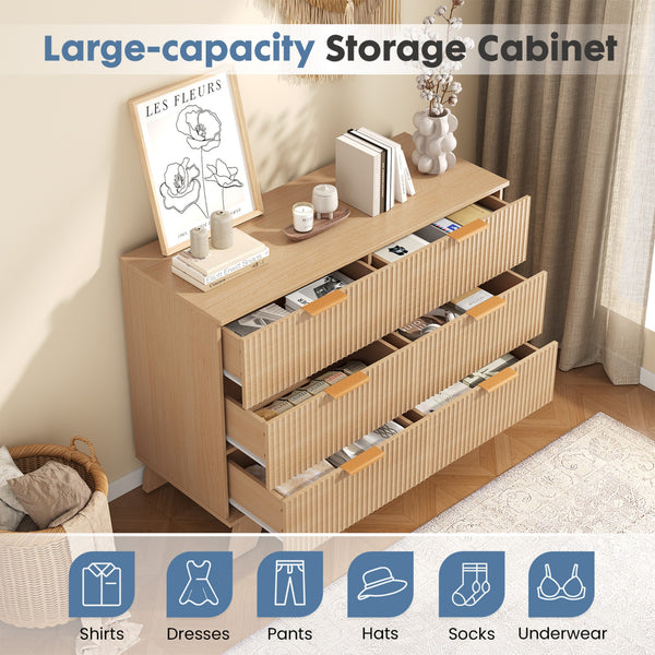 CONCETTA Modern Fluted Dresser for Bedroom, Wide Chest of Drawers with Metal Handles, Wood Storage Organizer for Living Room Bedroom Hallway, Natural Oak