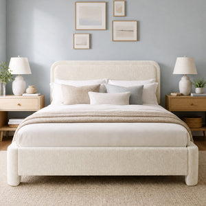 CONCETTA Bed Frame with Boucle Upholstery, Modern Platform Bed with Headboard, Soft Rounded Corners, No Box Spring Needed, Easy Assembly, White