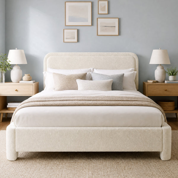 CONCETTA Bed Frame with Boucle Upholstery, Modern Platform Bed with Headboard, Soft Rounded Corners, No Box Spring Needed, Easy Assembly, White