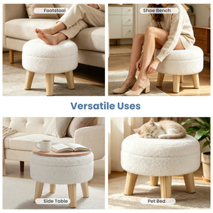 CONCETTA Round Storage Ottoman with Soft Padded Seat, Teddy Velvet Footstool with Wood Legs, Accent Ottoman for Living Room & Entryway