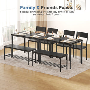 CONCETTA Dining Table Set with 1 Table, 2 Chairs, Dining Bench with Metal Frame & Storage Rack for Small Spaces, Kitchen, Apartment