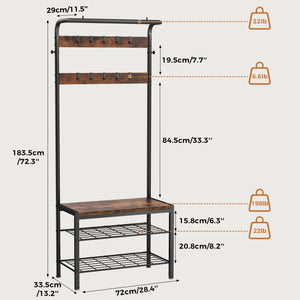 CONCETTA 4-in-1 Coat Rack Hall Tree with Shoe Bench, Shoe Storage, Removable Hooks, Hanging Rod, 13.3 x 28.3 x 72.1 Inches