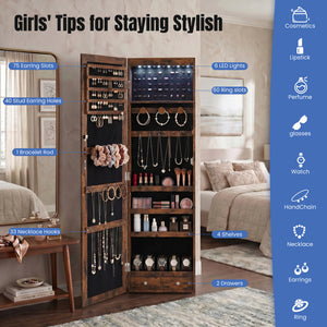 CONCETTA 47" Full-Length Mirror Jewelry Cabinet with Auto LED Lights, Wall-Mounted or Door-Hanging Organizer