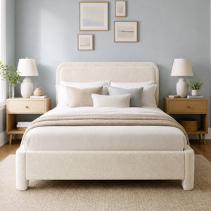 CONCETTA Bed Frame with Boucle Upholstery, Modern Platform Bed with Headboard, Soft Rounded Corners, No Box Spring Needed, Easy Assembly, White