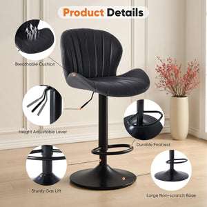 Set of 2 Swivel Bar Stools - Adjustable Height Modern Fabric Upholstered Barstools Counter Bar Chairs with Backrest for Kitchen Island & Home Bar, Black