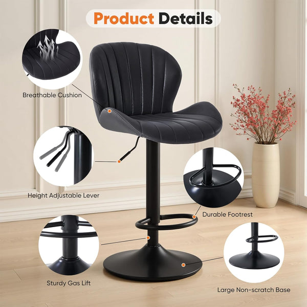 Set of 2 Swivel Bar Stools - Adjustable Height Modern Fabric Upholstered Barstools Counter Bar Chairs with Backrest for Kitchen Island & Home Bar, Black