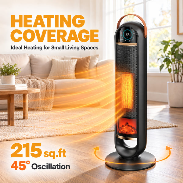 SHOUFTW 1500W Tower Space Heater for Indoor Use, Electric Heater with Static Simulated Flame, 45° Oscillation, Child Lock, Overheat & Tip-Over Safety
