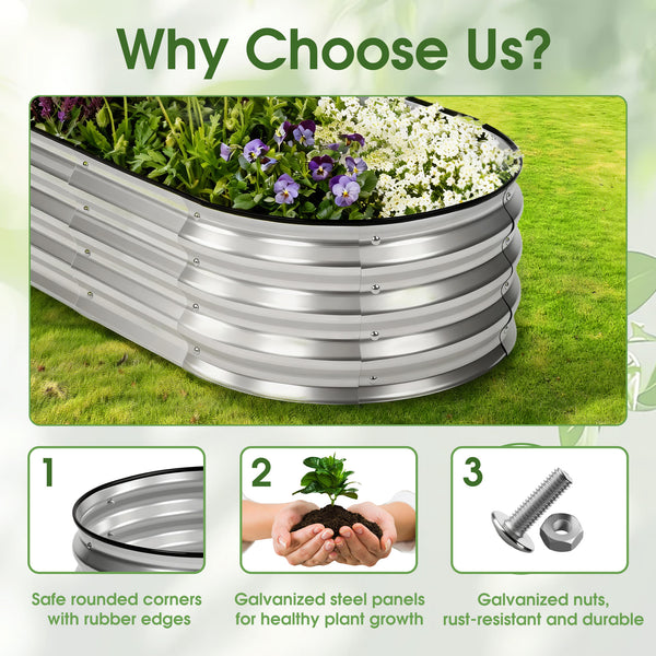 CONCETTA Galvanized Raised Garden Bed Kit with Safe Rubber Edging, Oval Metal Planter Box for Vegetables, Flowers, Herbs for Outdoor Gardening