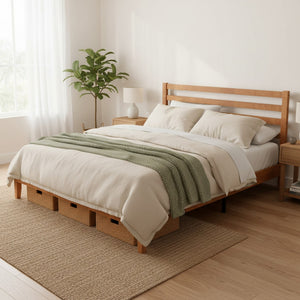 Wood Bed Frame with Headboard, Walnut Finish, Sturdy Slat Support, Ideal for Bedroom and Guest Room