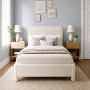CONCETTA Bed Frame with Boucle Upholstery, Modern Platform Bed with Headboard, Soft Rounded Corners, No Box Spring Needed, Easy Assembly, White