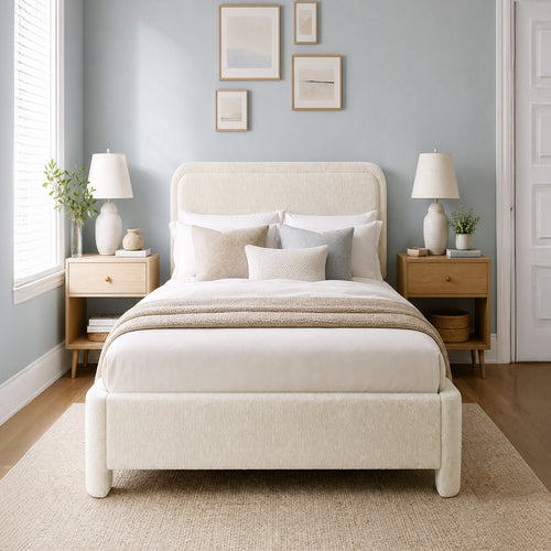CONCETTA Bed Frame with Boucle Upholstery, Modern Platform Bed with Headboard, Soft Rounded Corners, No Box Spring Needed, Easy Assembly, White
