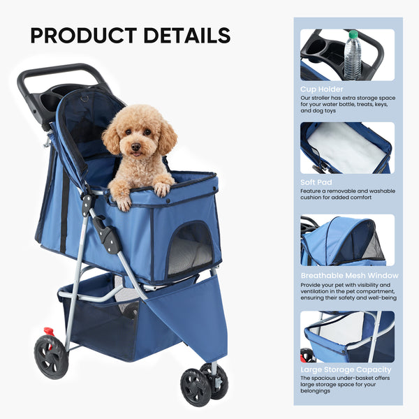 CONCETTA 3-Wheel Foldable and Waterproof Pet Stroller - Jogger Stroller for Small and Medium Dogs and Cats with Cup Holder and Removable Liner