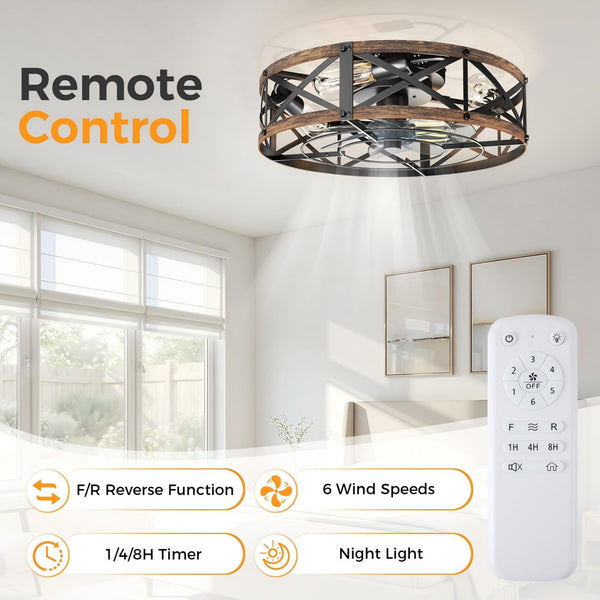 SHOUFTW Bladeless Farmhouse Flush Mount Ceiling Fan with Lights, Remote Control Rustic Low Profile Caged Quiet Fandelier for Bedroom Kitchen