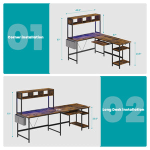 67" Reversible L-Shaped Desk with LED Lights, Power Outlets, Drawer, Keyboard Tray & Hutch