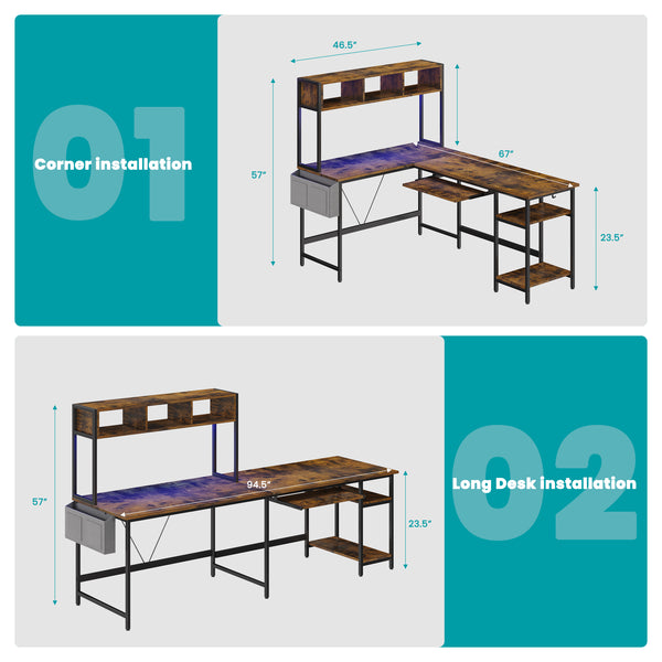 67" Reversible L-Shaped Desk with LED Lights, Power Outlets, Drawer, Keyboard Tray & Hutch