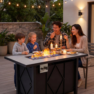 SHOUFTW 43" Propane Fire Pit Table, Outdoor Rectangular Gas Fire Pit with Lid & Waterproof Cover for Patio Backyard Deck Gatherings, 50000 BTU, Black