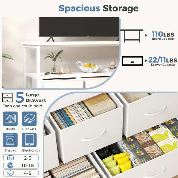 CONCETTA 39.3'' 5 Drawer Dresser with Charging Station, Fabric Storage Chest of Drawers for Bedroom, Living Room, Entryway