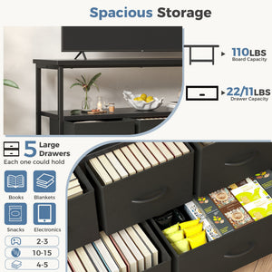 CONCETTA 39.3'' 5 Drawer Dresser with Charging Station, Fabric Storage Chest of Drawers for Bedroom, Living Room, Entryway