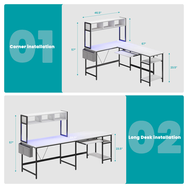 67 inch Reversible L-Shaped Desk with LED Lights, Power Outlets, Drawer, Keyboard Tray & Hutch