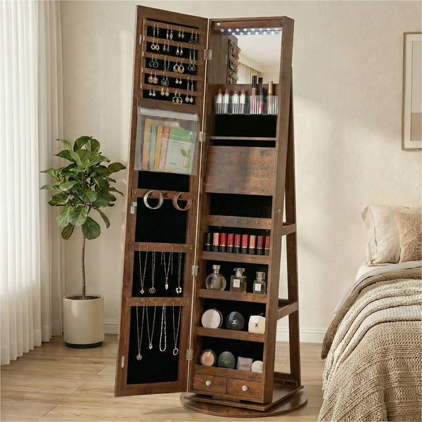 CONCETTA 6 LED Jewelry Cabinet with Frameless Full-Length Mirror, 360° Swivel Lockable Organizer Standing Armoire, 3 Storage Shelves