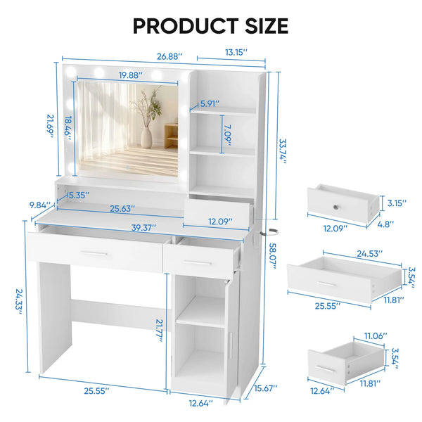 CONCETTA Modern Adult Vanity Desk 1 Piece with Mirror, Power Outlet and Lights, White Table Set