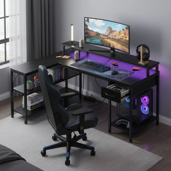 L-Shaped Gaming Desk - Reversible with LED Lighting, Power Outlets & Double-Tier Storage, for Home Office