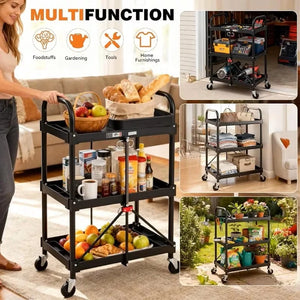 CONCETTA 3-Tier Portable Multifunctional Cart With Wheels, Supports Up To 120 Lbs, Heavy-Duty Foldable Cart, Suitable For Home, Office, Kitchen, And Storage, Black