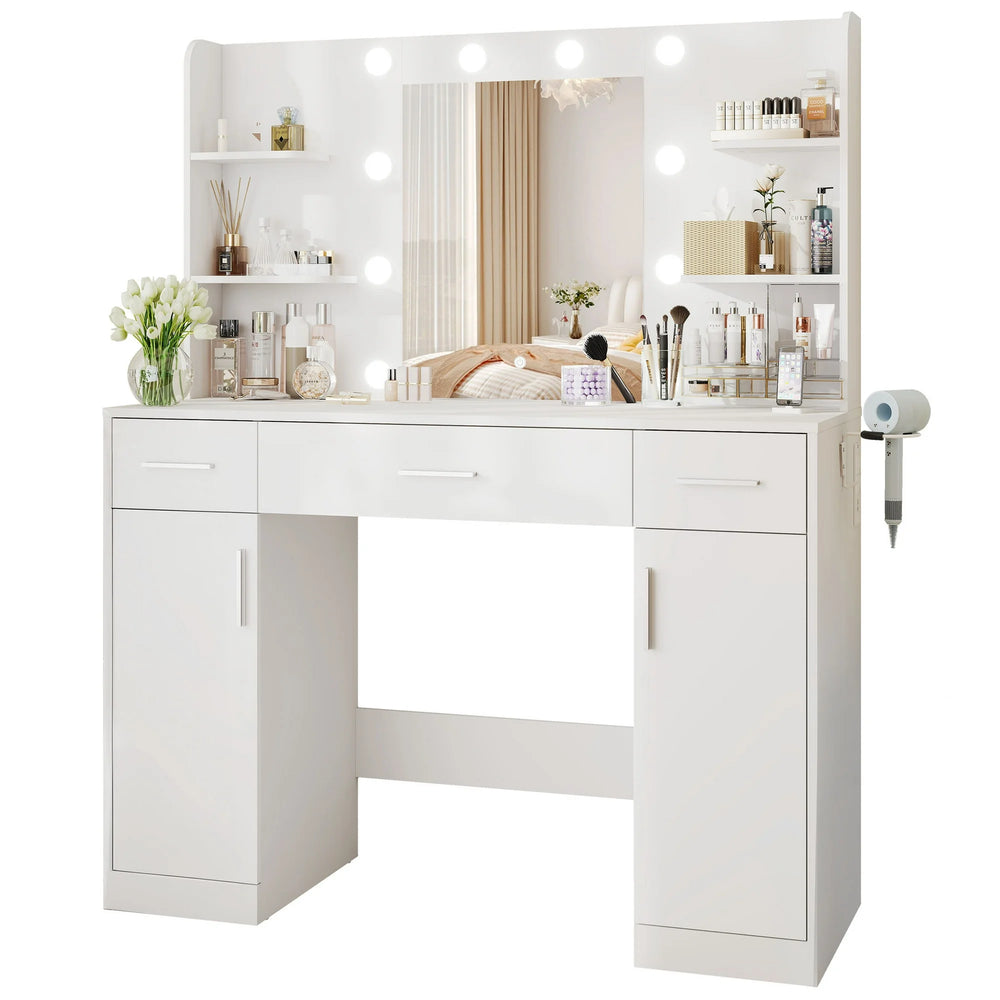 CONCETTA Modern Adult Vanity Desk 1 Piece with Mirror, Power Outlet and Lights, White Table Set