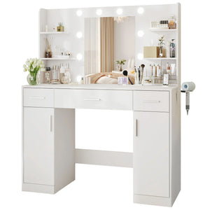 CONCETTA Modern Adult Vanity Desk 1 Piece with Mirror, Power Outlet and Lights, White Table Set