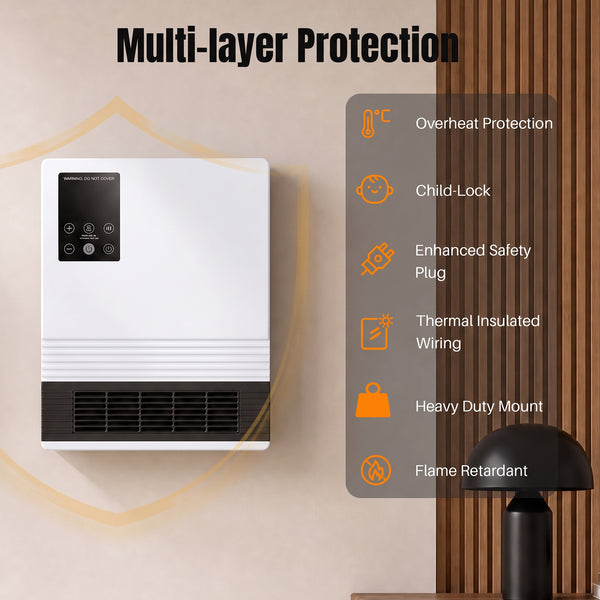 CONCETTA 1500W Wall‑Mount Electric Heater for Indoor Use,15‑Hour Timer, 2 Heat Settings, Touchscreen & Remote ControlOverheat Protection & Child Lock, White