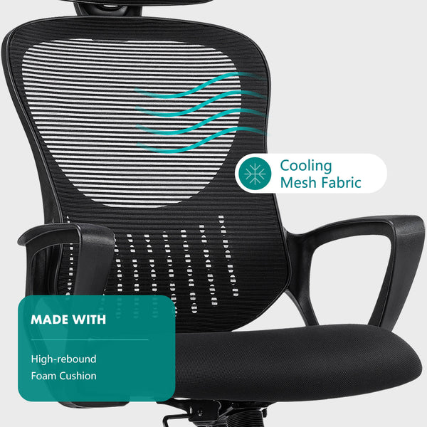 CONCETTA Ergonomic office chair - high back with wheels, adjustable headrest and flip-up armrests for bedroom, study, living room, office