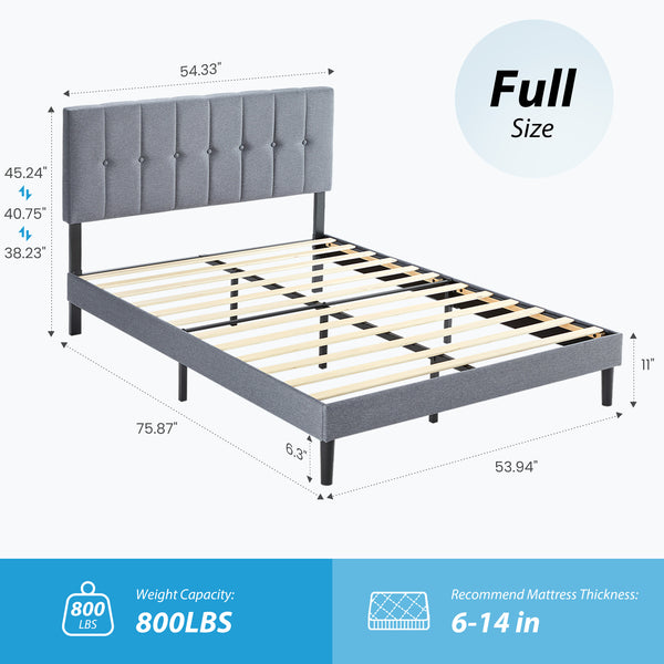 CONCETTA Grey Soft-Padded Bed, Grey Linen Sponge, Metal Frame, Full