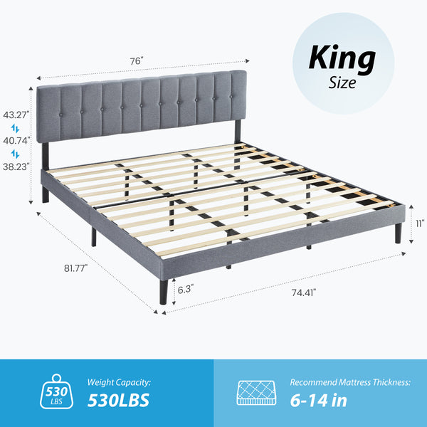 CONCETTA Grey Soft-Padded Bed, Grey Linen Sponge, Metal Frame, Full