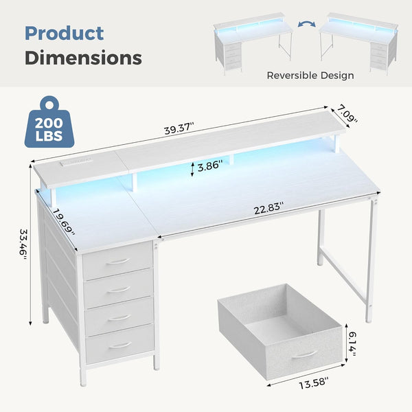 CONCETTA Computer Gaming Desk with 4 Drawers, Power Outlets and LED Lights for Home Small Spaces