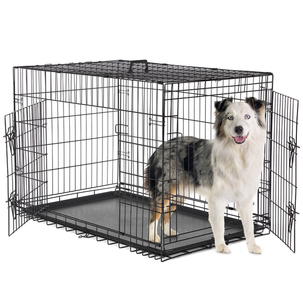 JOINSUN Dog Crate-24/30/36/42/48 inch, Double Door Dog Cage with Divider Panel and Plastic Leak-Proof Pan Tray, foldable, easy to carry, suitable for indoor, outdoor, travel use
