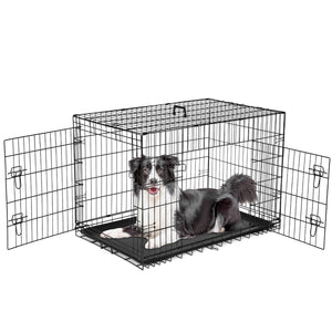 JOINSUN Dog Crate-24/30/36/42/48 inch, Double Door Dog Cage with Divider Panel and Plastic Leak-Proof Pan Tray, foldable, easy to carry, suitable for indoor, outdoor, travel use
