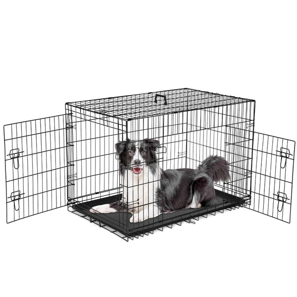 JOINSUN Dog Crate-24/30/36/42/48 inch, Double Door Dog Cage with Divider Panel and Plastic Leak-Proof Pan Tray, foldable, easy to carry, suitable for indoor, outdoor, travel use