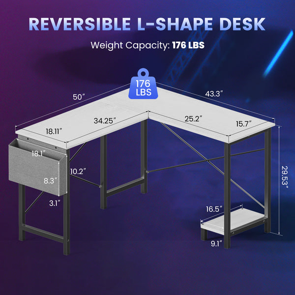 CONCETTA 49 Inch Modern L Shaped Computer Desk with Lower Storage Shelf & Side Bag, Two-Way Convertible Corner Gaming Table for Home Office