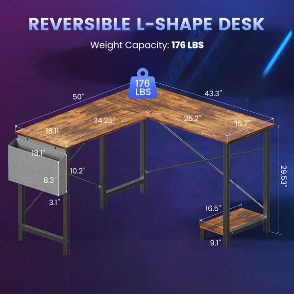 CONCETTA 49 Inch Modern L Shaped Computer Desk with Lower Storage Shelf & Side Bag, Two-Way Convertible Corner Gaming Table for Home Office
