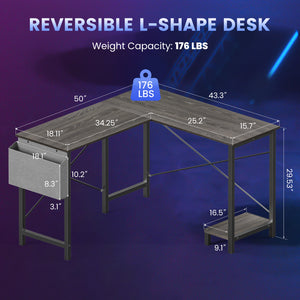 CONCETTA 49 Inch Modern L Shaped Computer Desk with Lower Storage Shelf & Side Bag, Two-Way Convertible Corner Gaming Table for Home Office