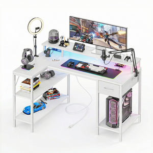 CONCETTA 53 inch L-Shaped Gaming Desk, Reversible Design with LED Lighting, Power Outlets and Double-Tier Storage, White for Home Office