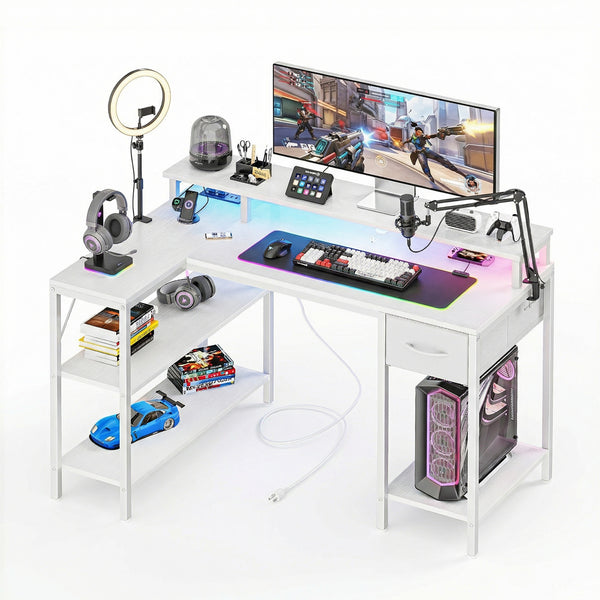 CONCETTA 47 inch L-Shaped Gaming Desk - Reversible with LED Lighting, Power Outlets & Double-Tier Storage, for Home Office
