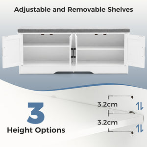 CONCETTA White Storage Bench, Padded Seat Entryway Shoe Bench Featuring 4 Barn Doors and Adjustable Storage Shelf