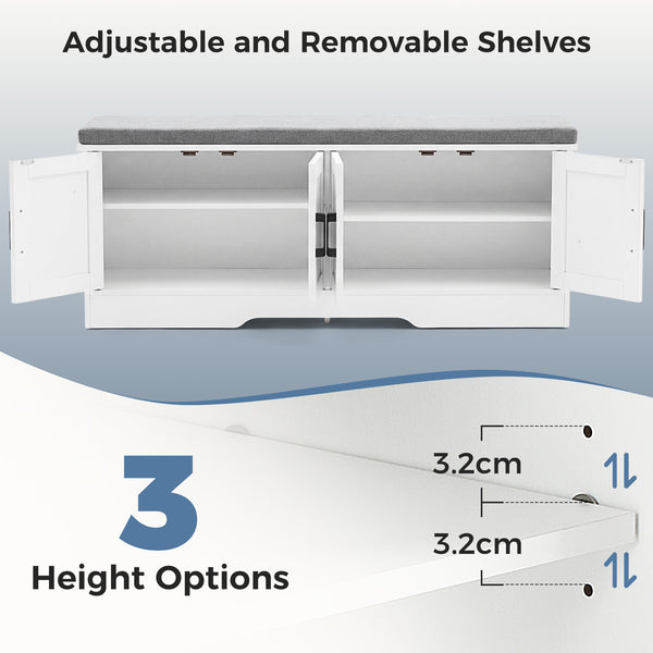 CONCETTA White Storage Bench, Padded Seat Entryway Shoe Bench Featuring 4 Barn Doors and Adjustable Storage Shelf